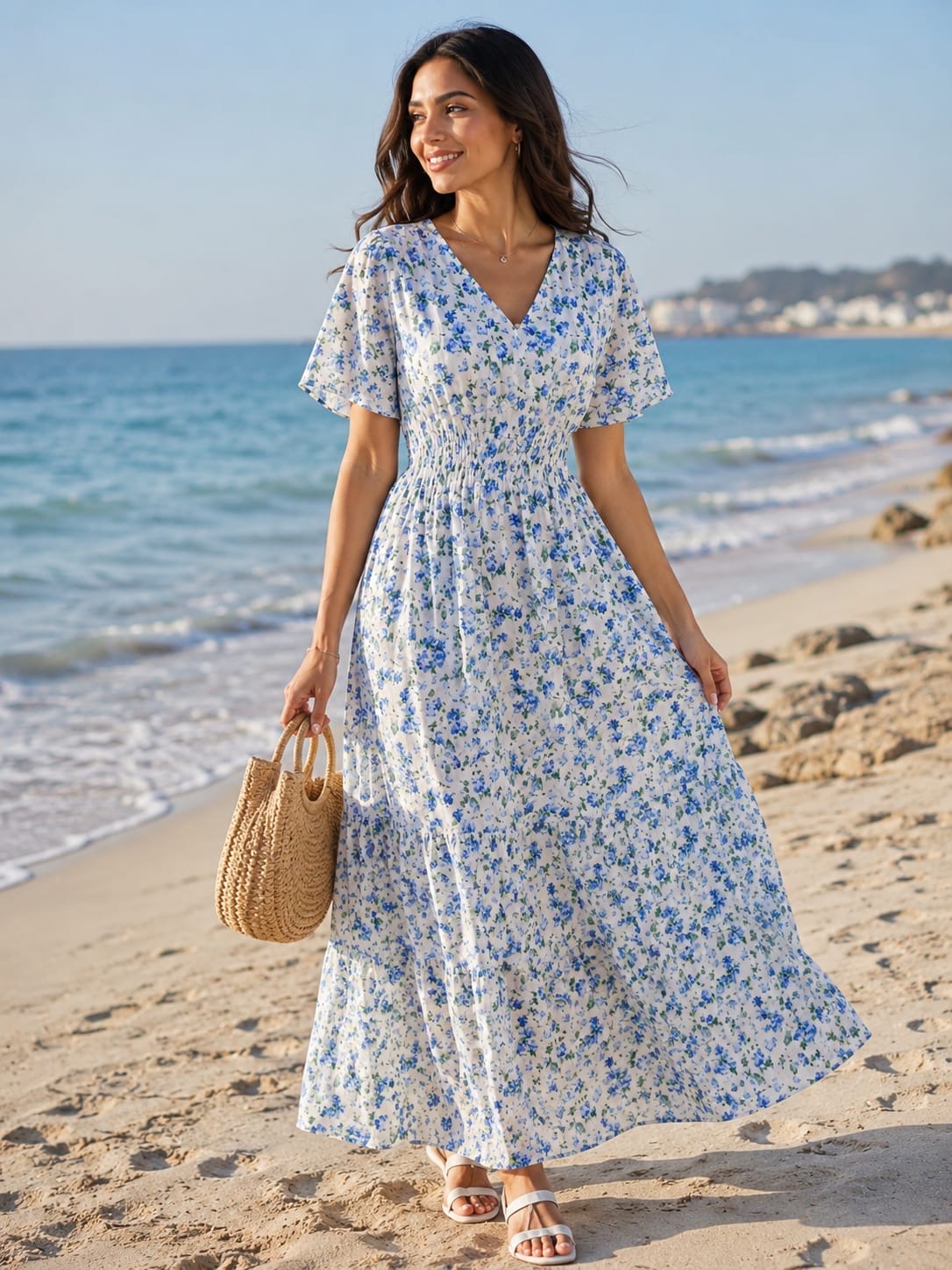 Floral with baby blue & white touches 🤍🩵 cotton 100% cute Dress